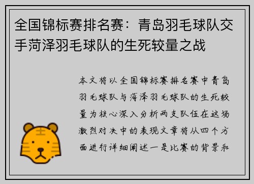 全国锦标赛排名赛：青岛羽毛球队交手菏泽羽毛球队的生死较量之战